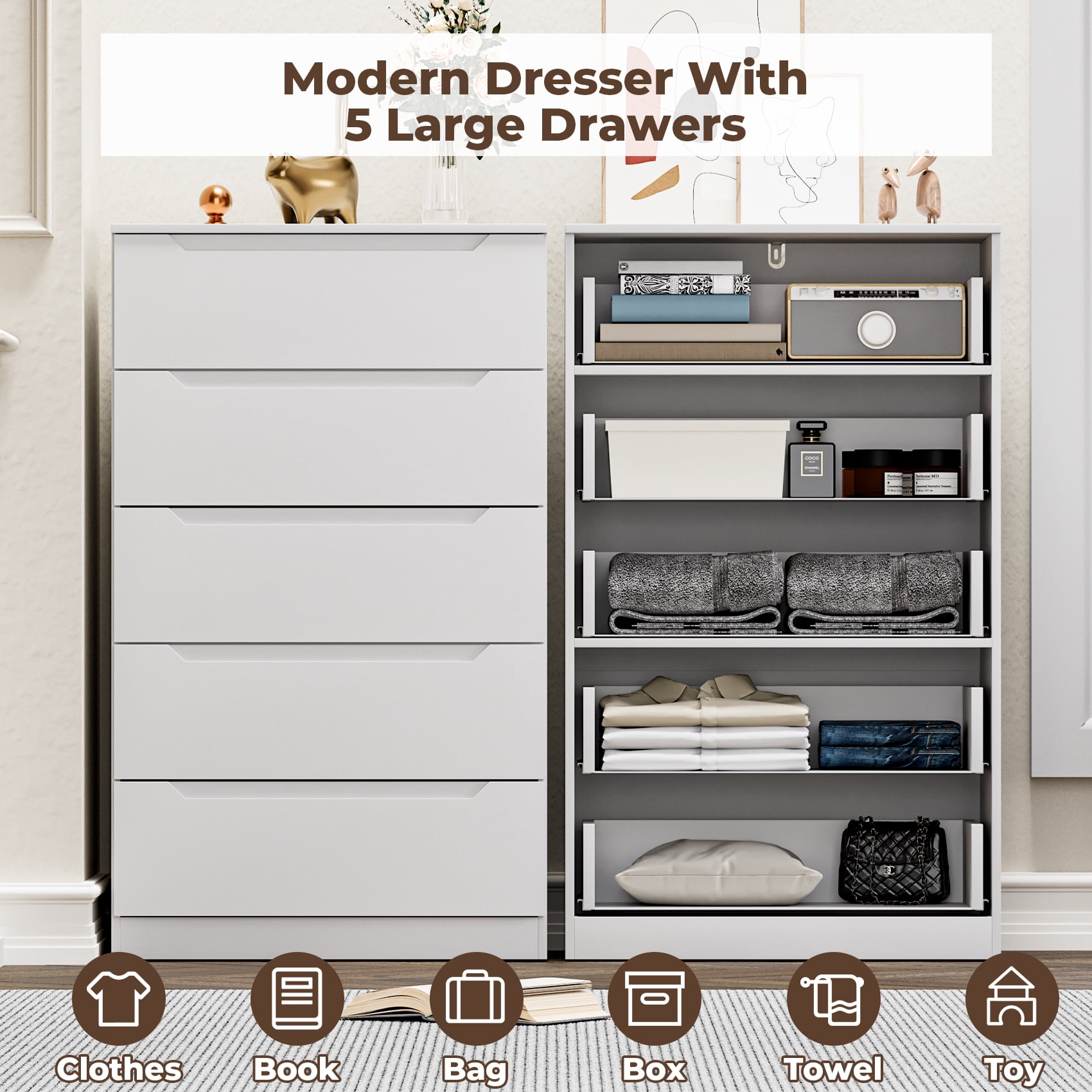 Meteorleg White 5 Drawer Dresser for Bedroom, 48" H Tall Modern Chest of Drawers, Wood Storage Dresser with Deep Drawers for Living Room Hallway Entryway