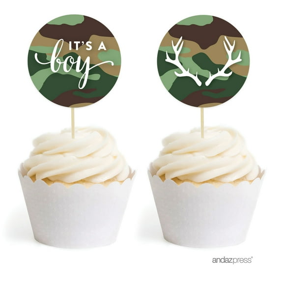 Woodland Camouflage Boy Baby Shower Cupcake Topper DIY Party Favors Kit, 20-Pack