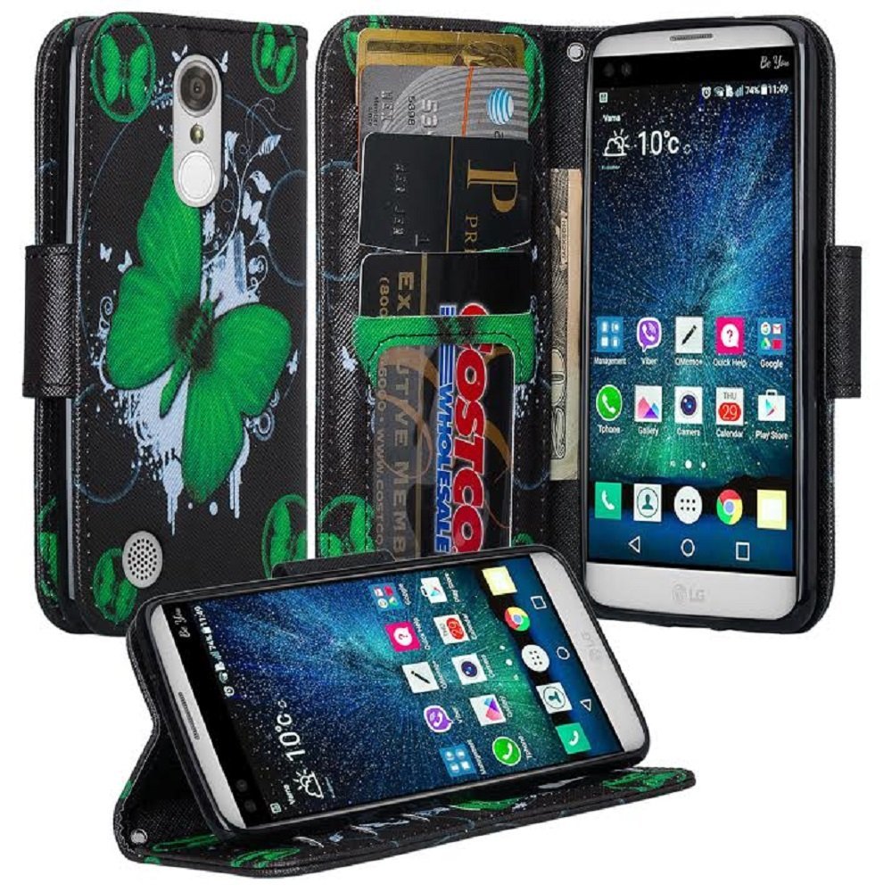 LG Fortune Case, LG Phoenix 3 Case, LG V1 Case, LG K4 2017 Case, SOGA [Pocketbook Series] PU Leather Magnetic Flip Design Wallet Case for LG Fortune / Phoenix 3 / V1 / K4 (2017) - Green Butterfly - image 1 of 1