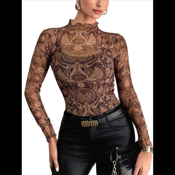 Blusas de de Larga para Mujer, Cuello Alto, Transparentes, para Salir, Ropa de Club. Color Café XL