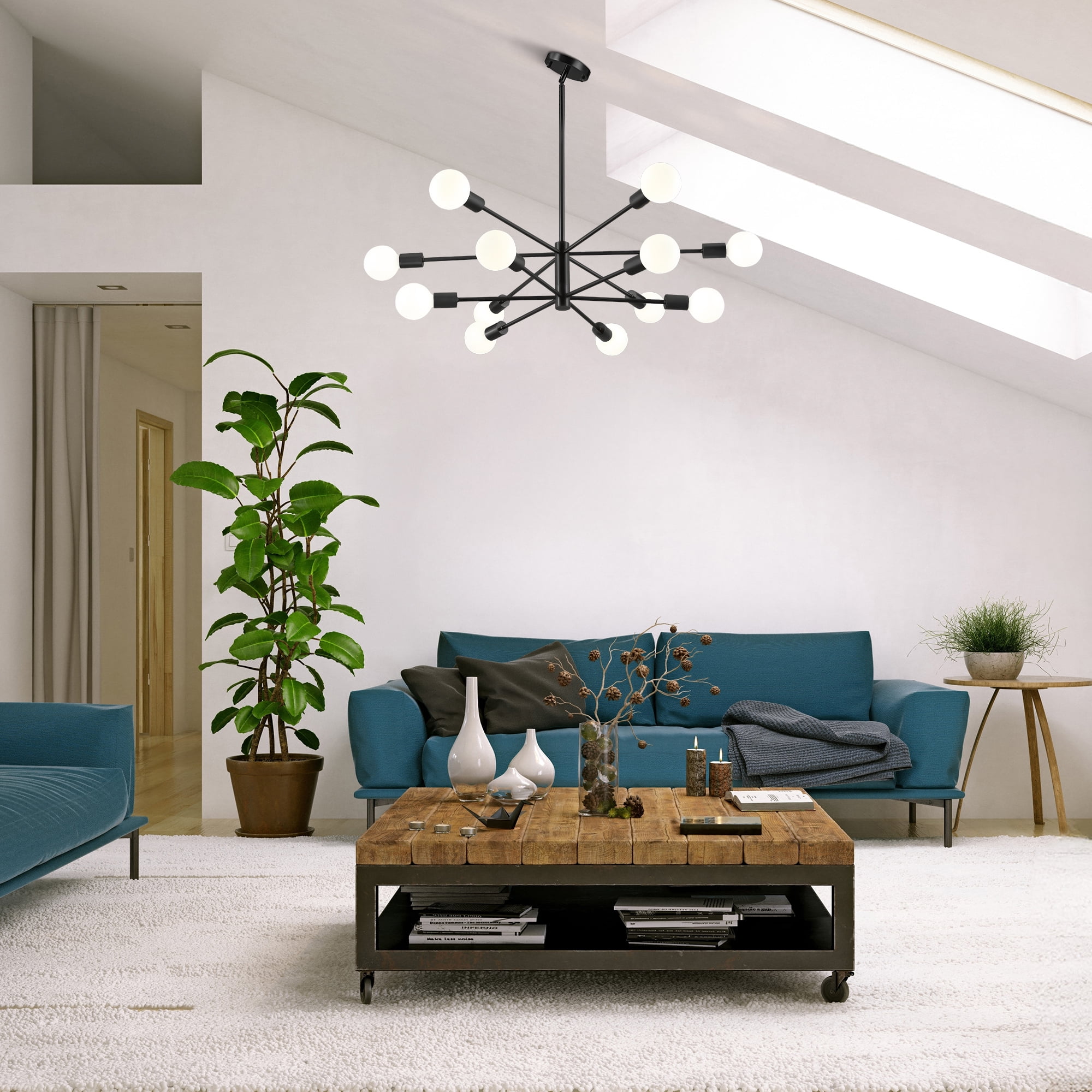 Bestco 12-Light Modern Sputnik Chandelier for Dining Room with 4 Extension Rods Black