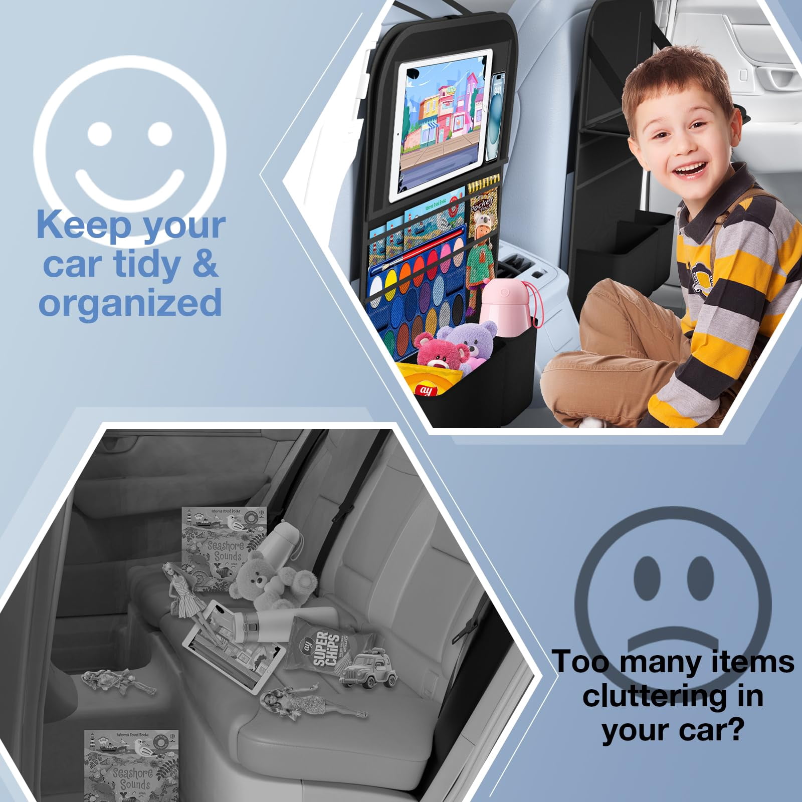 2-Pack Car Backseat Organizer with Table Tray,Supports up to 22 lb,9 Storage Pockets with Touch Screen Tablet Holder,Foldable Food Tray, Protective Kick Mats,Travel Accessories Organizer,Black