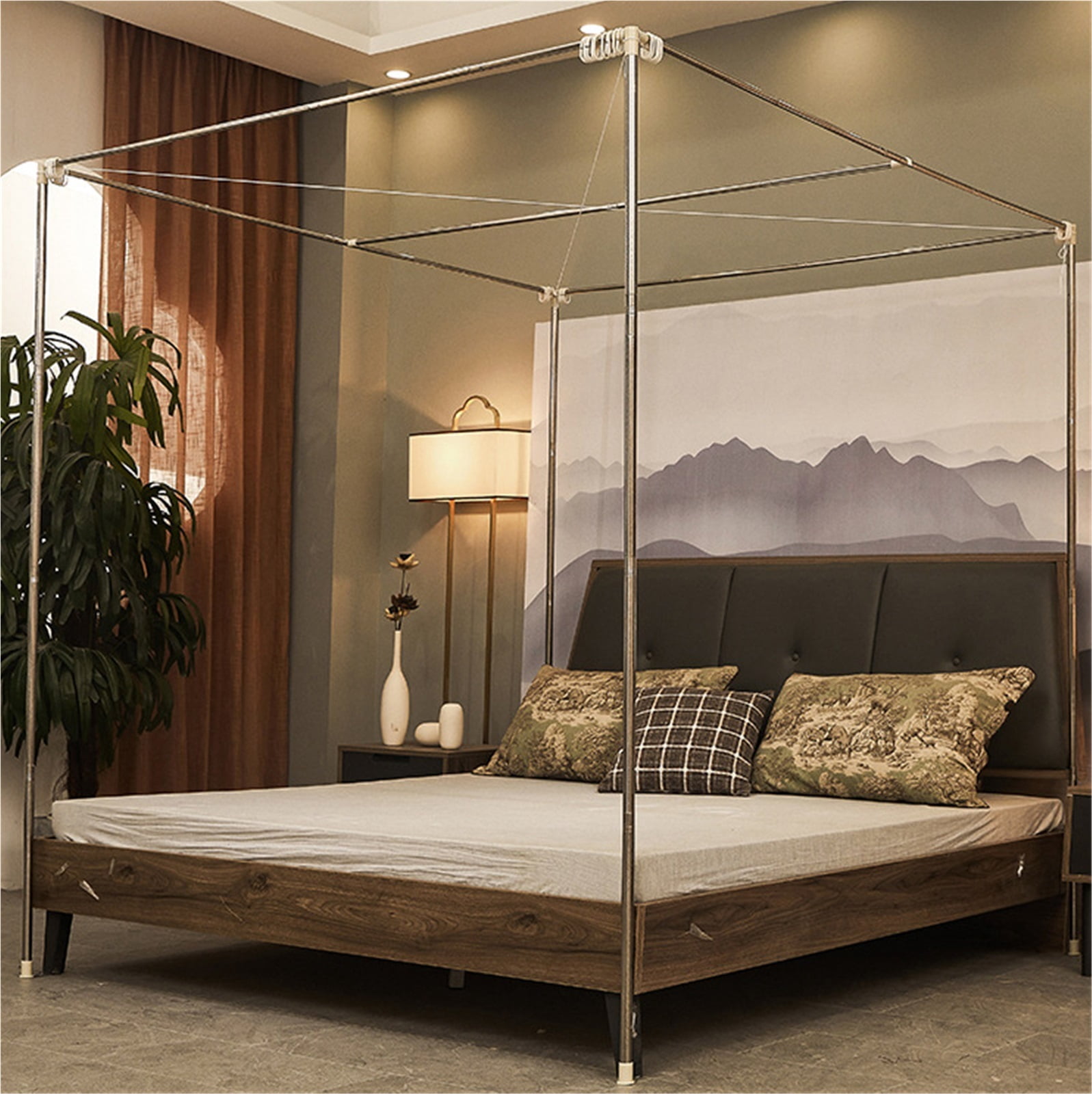 Four Poster Bed Canopy with Blackout Curtain & Double Layer Mosquito Net, Bedroom Decor, Dustproof Windproof Bed Screen with Stable Bracket