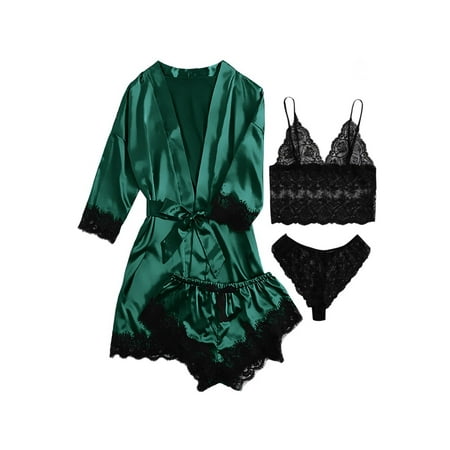 Sexy Lingerie  LOFIR Silk Satin Pajamas for Women  Womens Summer Pajamas Pjs Sets of 4 Pcs with Floral Lace Top Shorts and Robe  Gift for Women  Deep Green  XL