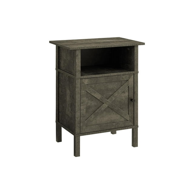 Transitional dark bronze laminate accent table featuring a small size, an open top shelf, and a lower storage cabinet with X-pattern door.