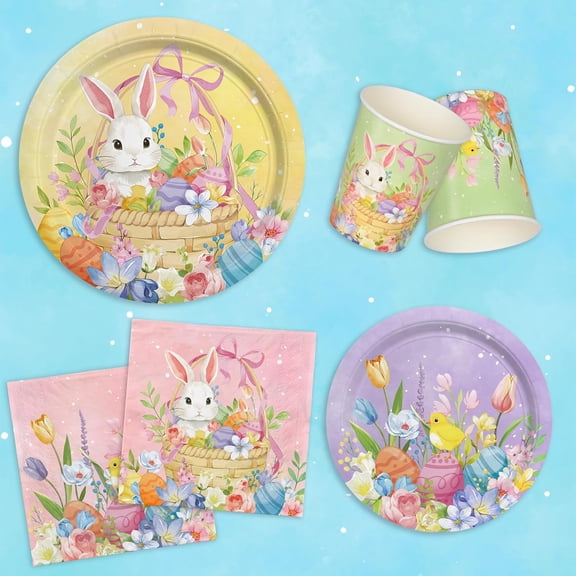 Easter Supplies Kit - Bunny Decorations, Includes Dinner & Dessert Plates, Napkins, Cups, Banner and Tablecloth in Pink, Purple
