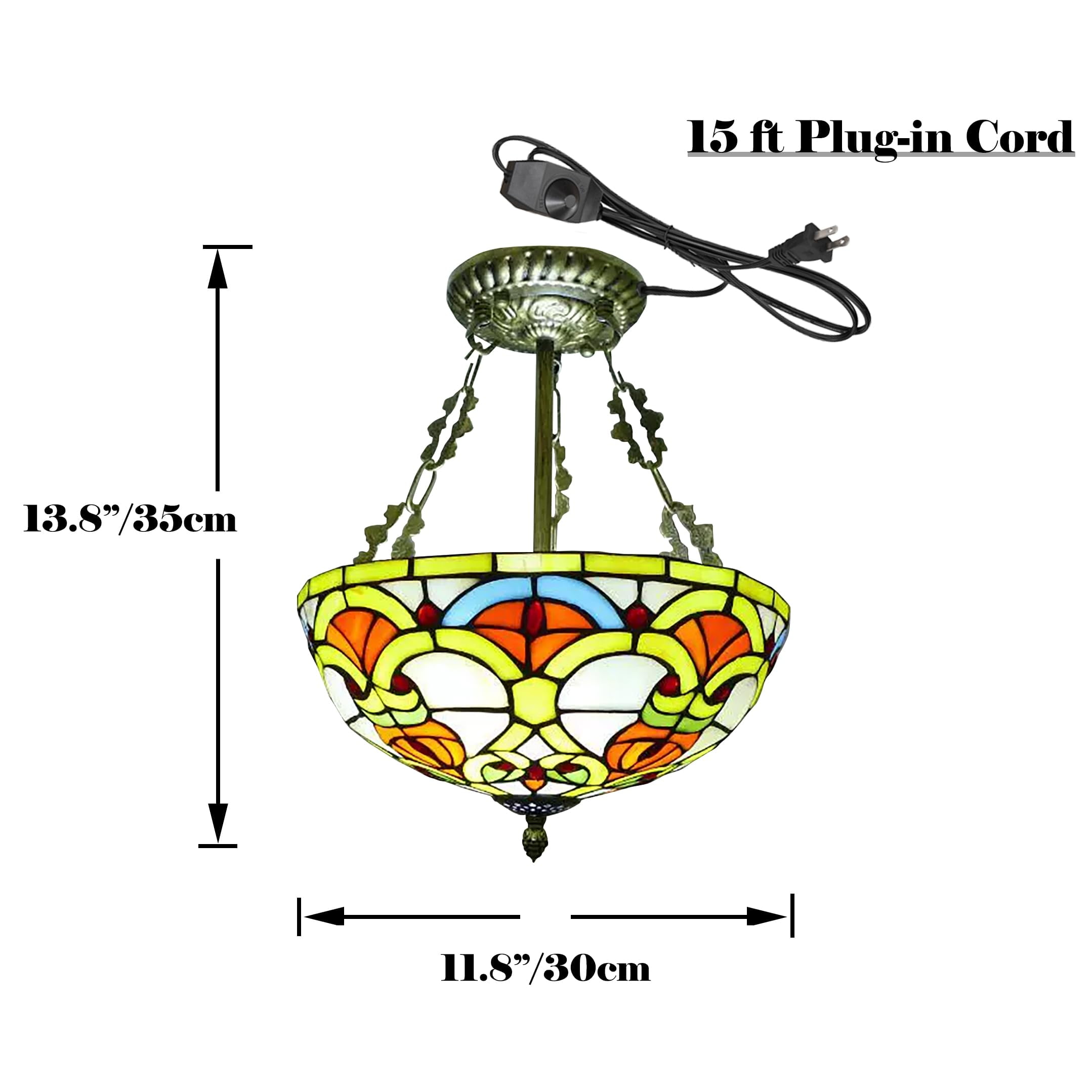 Kiven 11.8in Flush Mount Ceiling Light Fixture Dimmable, 2-Light Anti Glare Close to Ceiling Light with 15FT Plug-in Cord, Tiffany-Style Glass Chandelier for Bedroom Kitchen Hallway(No.3222)