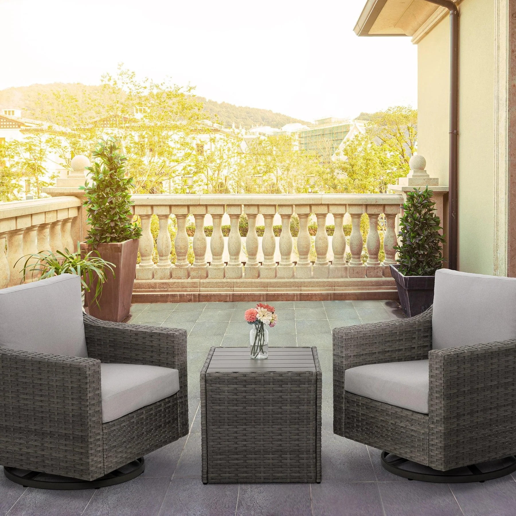 3 Piece Patio Bistro Set with 360 Swivel Patio Chairs, Outdoor Wicker Patio Furniture Set with Cushions and Side Table for Balcony Porch Backyard, Grey/Beige