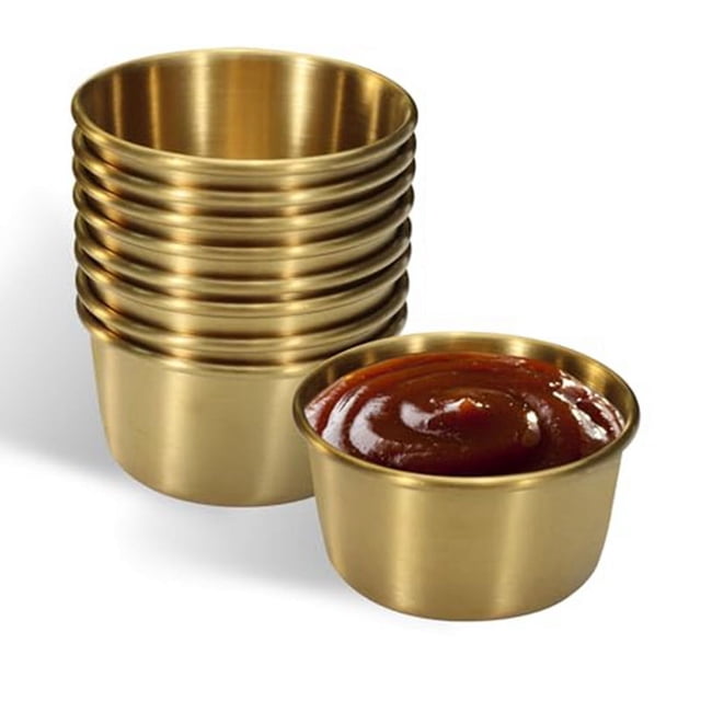 6 Tazas de Salsa para Mojar Acero Inoxidable 2 Onzas, Mini Tazones Salsa, Condimentos Metal Reutilizables, Recipientes Ramequines (Dorados)