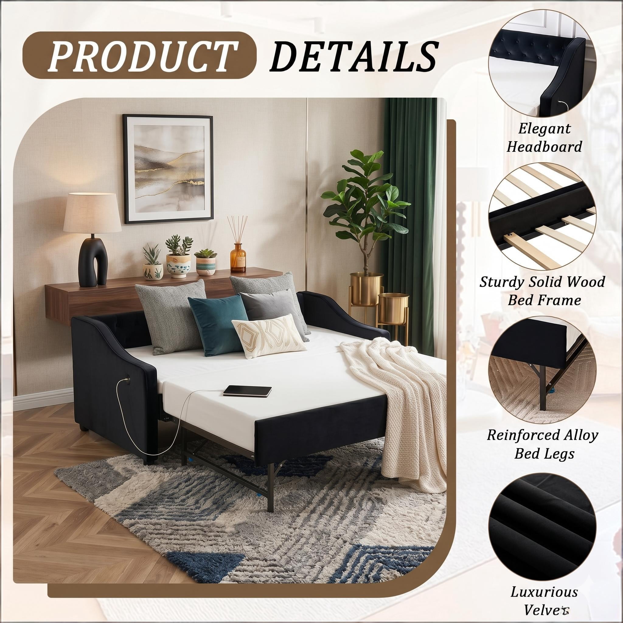 Howcool Twin Size 3-in-1 Velvet Daybed with Trundle, USB Port & Side Pockets, Maximum Load Weight 250lb, Button-Tufted for Bedroom Guest Room