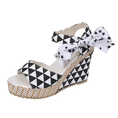 

Sandals Women Fashion Spring And Summer Women Sandals Wedge High Heels Solid Color Ribbon Casual Style Womens Sandals Pu Black 42