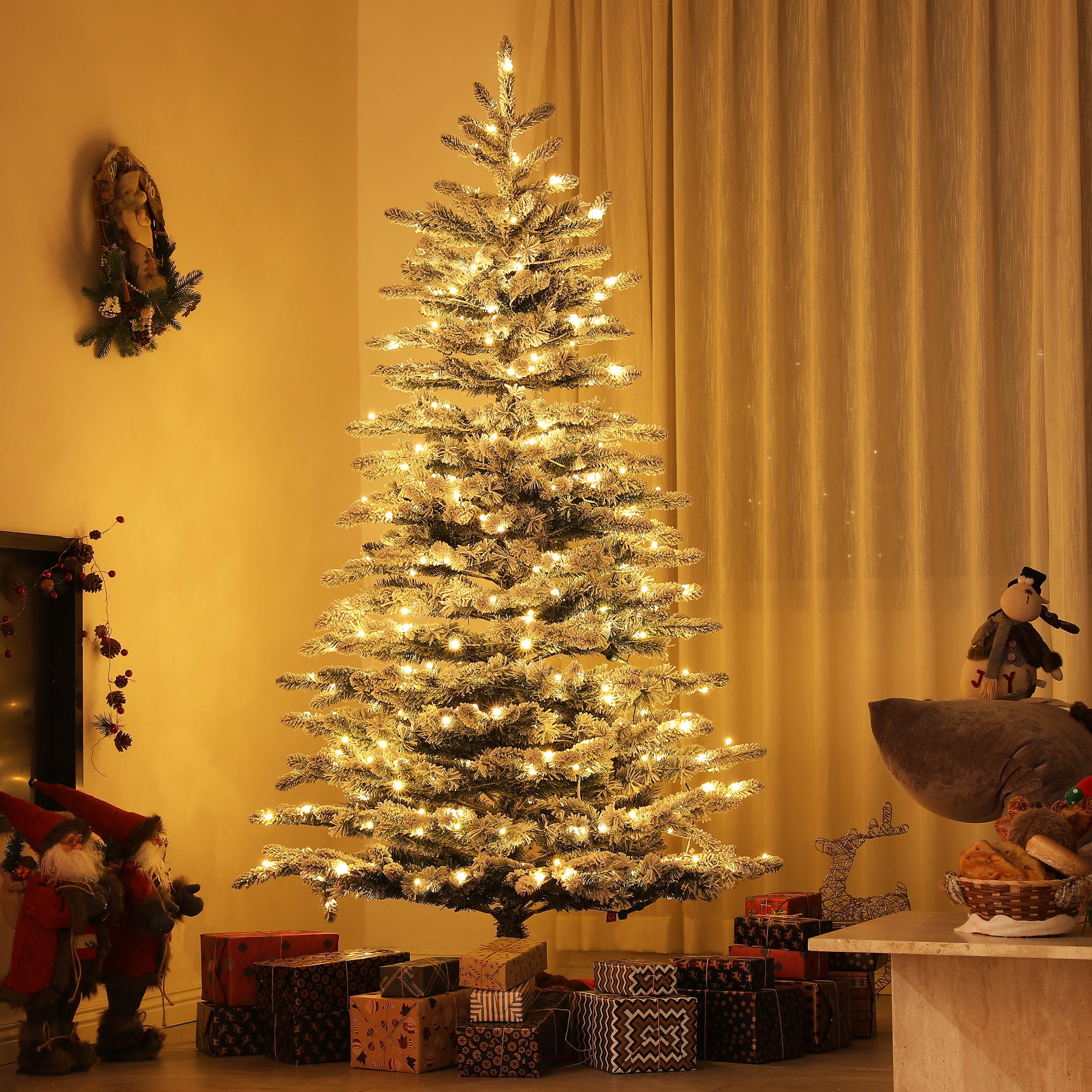 6.5ft Prelit Flocked Christmas Tree 990 Tips 400 Dual Color LED Lights Remote Timer Indoor Decor