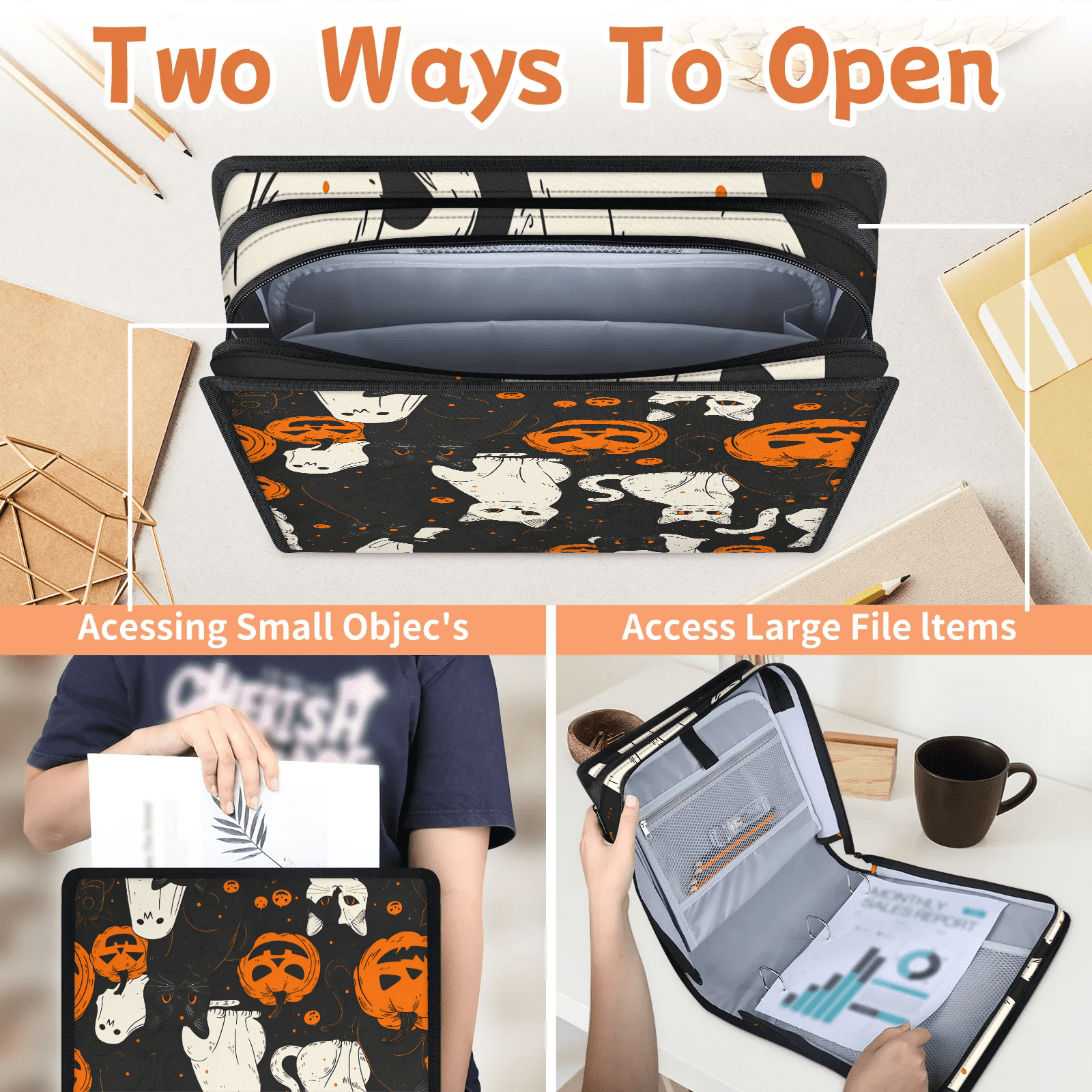 Herdesigns Halloween Pumpkin Zipper Binder 1.5 Inch 3 D-Rings with Shoulder Strap & Handle, Waterproof Black White Cat Binder Organizer Bag for 13 Inch Laptop