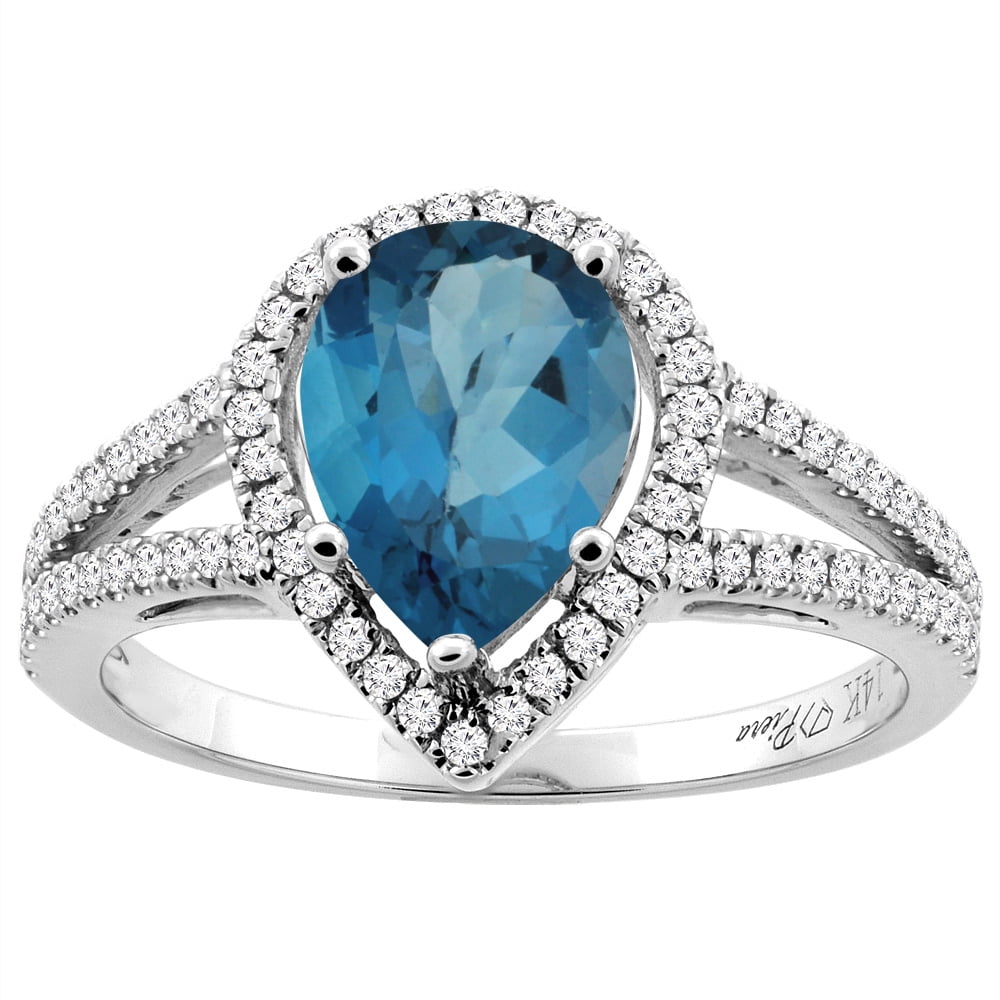 14K White Gold Natural London Blue Topaz Ring Pear Shape 9x7 mm Diamond Accents, size 5.5 by Gabriella Gold