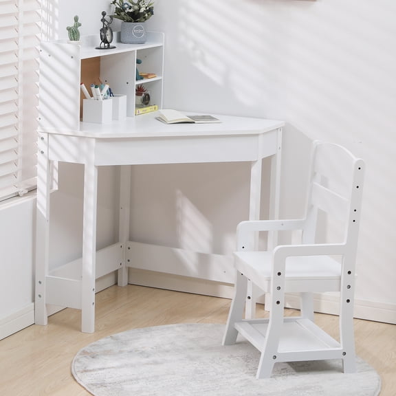 Kicctian Kids Corner Desk and Chair Set with Hutch - White Wooden Study Table for Small Spaces