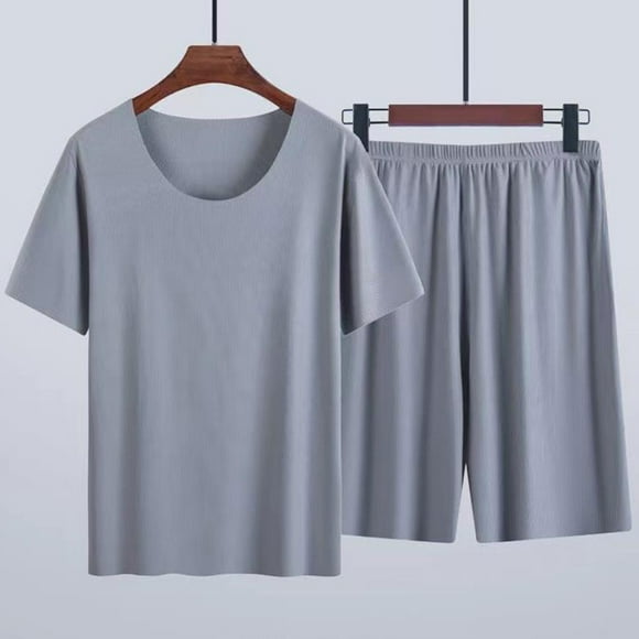 Pajamas Pijama Set Mens' Pajamas Fashion Men Solid Color Round Neck Short Sleeve Elastic Waist Shorts Pajama Set