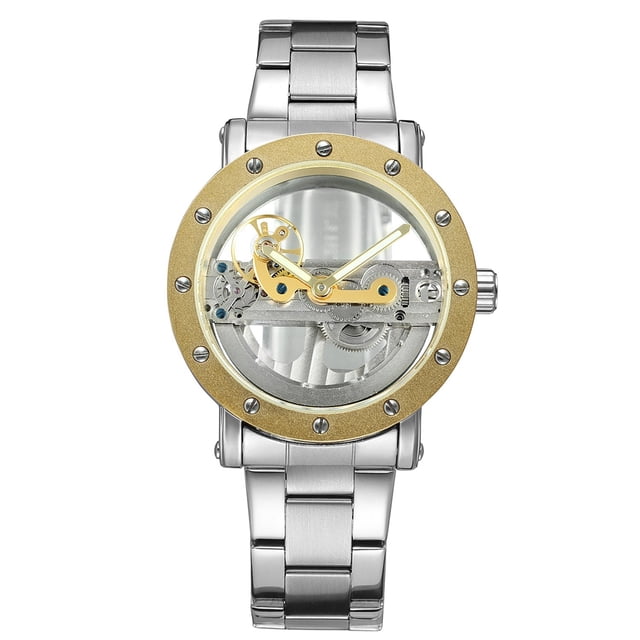 FORSINING Reloj para hombres de negocios con movimiento mecánico automático hueco transparente (acero dorado)