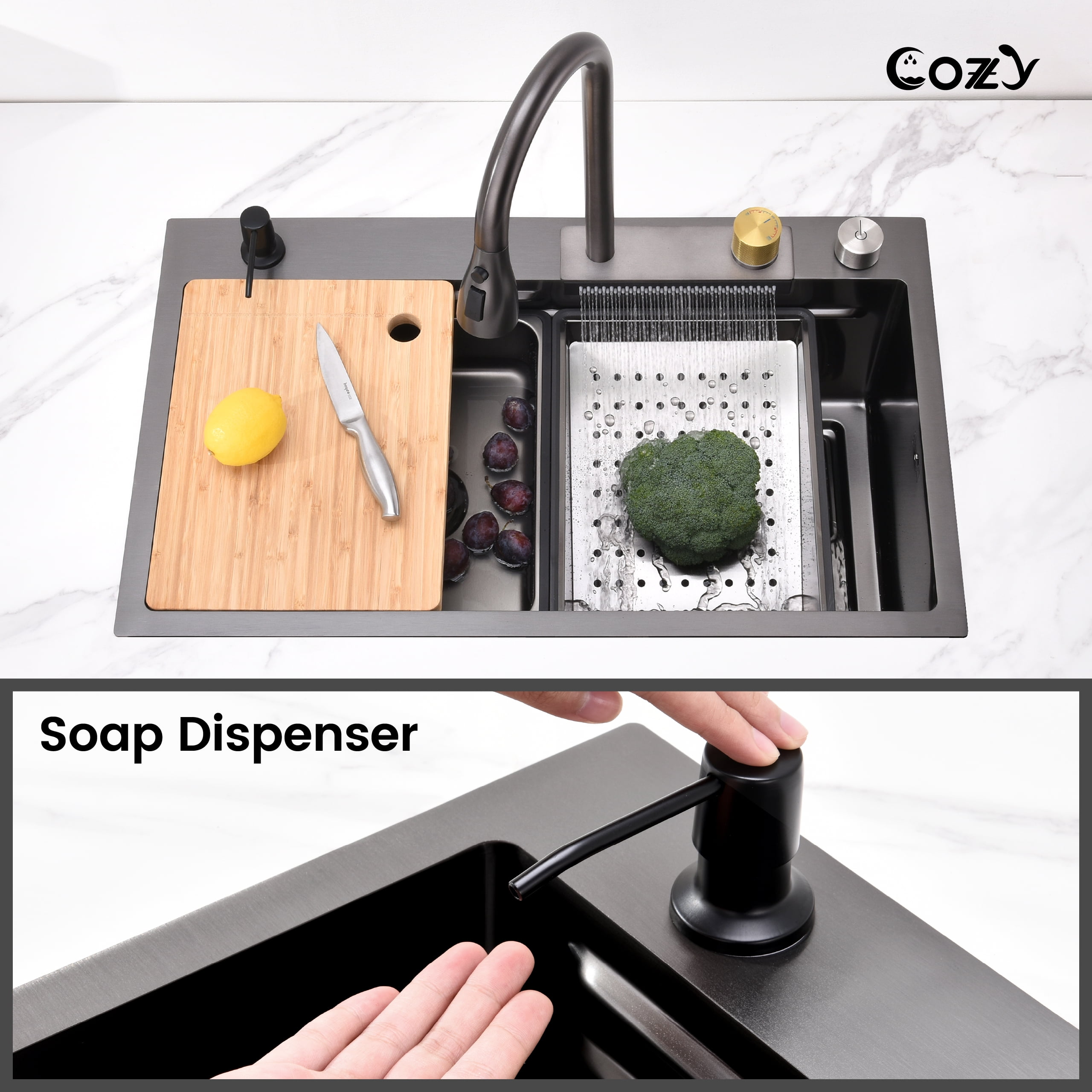 COZY 30″×22″ Stainless Steel Single Bowl Kitchen Sink, Black Waterfall Workstation with Flying-Rain Faucet, Cutting Board, 1 Count, SS-BL05-302208