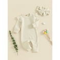 thumbnail image 6 of Aojekbee Baby Girl Fall Waffle Romper Solid Color Ruffled Long Sleeves Round Neck Full Length Jumpsuit with Bow Headband, 6 of 10