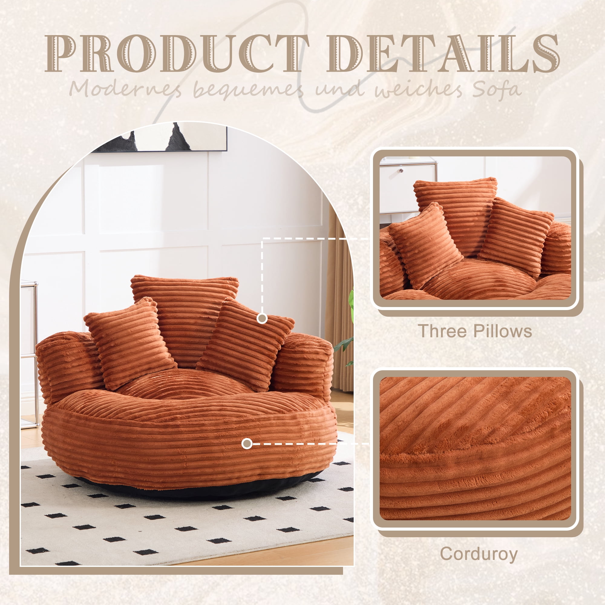 Aukfa 42.5"W Oversized Round Chaise Lounge Chair Indoor, Corduroy Floor Sofa with 3 Pillows, 550 lbs, Orange