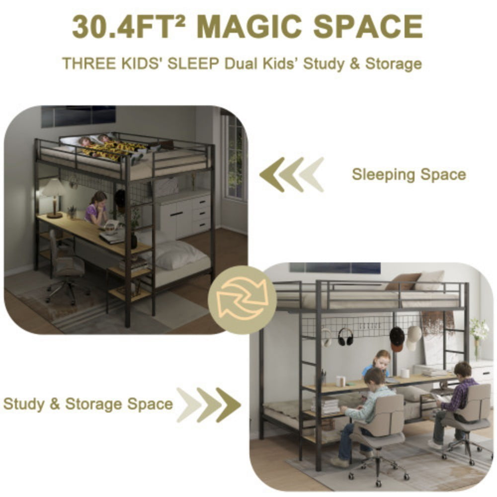 Full Over Twin Bunk Bed with Desk, Charging Station, Storage Shelves, Wire Mesh Panel & Hooks, Guardrails, Stairs, Black & Oak