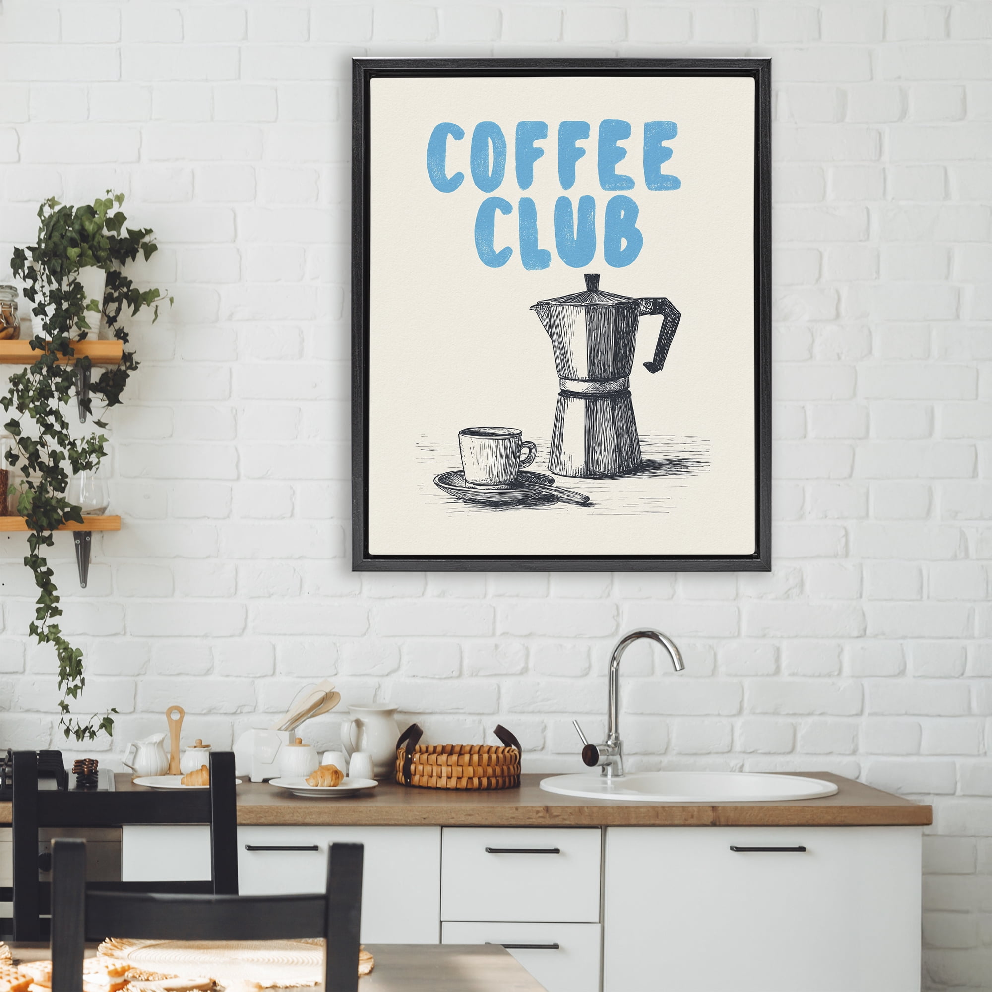 Stupell Industries Coffee Club Retro Drawing Black Framed Floater Canvas Wall Art, design by Andreas Magnusson