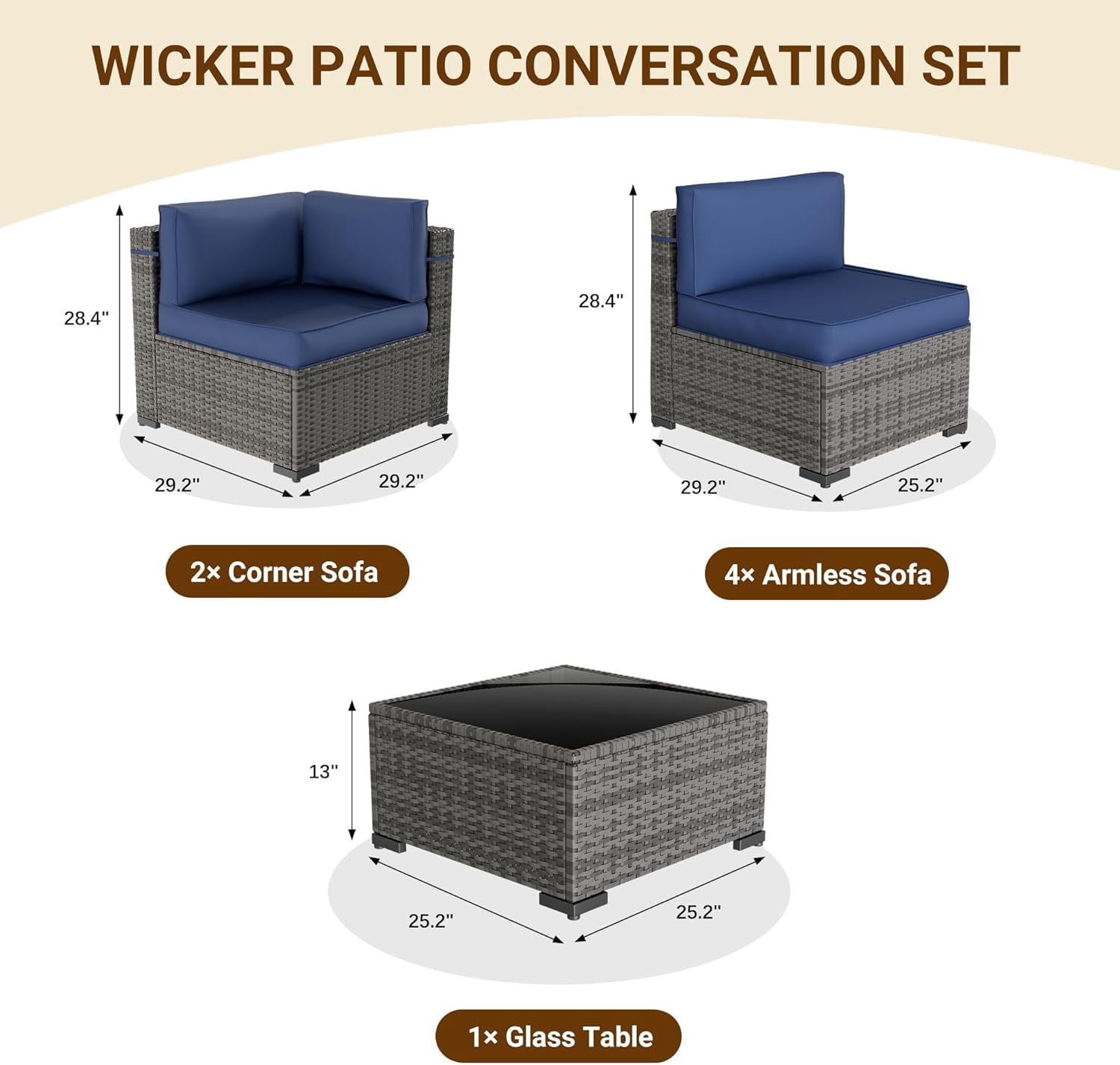 ELPOSUN Patio Furniture Set, 7-Piece Patio Furniture Set with Coffee Table & Waterproof Covers, All-Weather Wicker Outdoor Sectional for Backyard Balcony, Navy