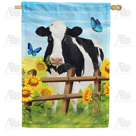 America Forever Spring Summer Cow Sunflower House Flag 28 x 40 Inch Double Sided Decorative Yard Outdoor Holiday Seasonal Farmhouse Butterflies Sunflower Floral Cow Flag