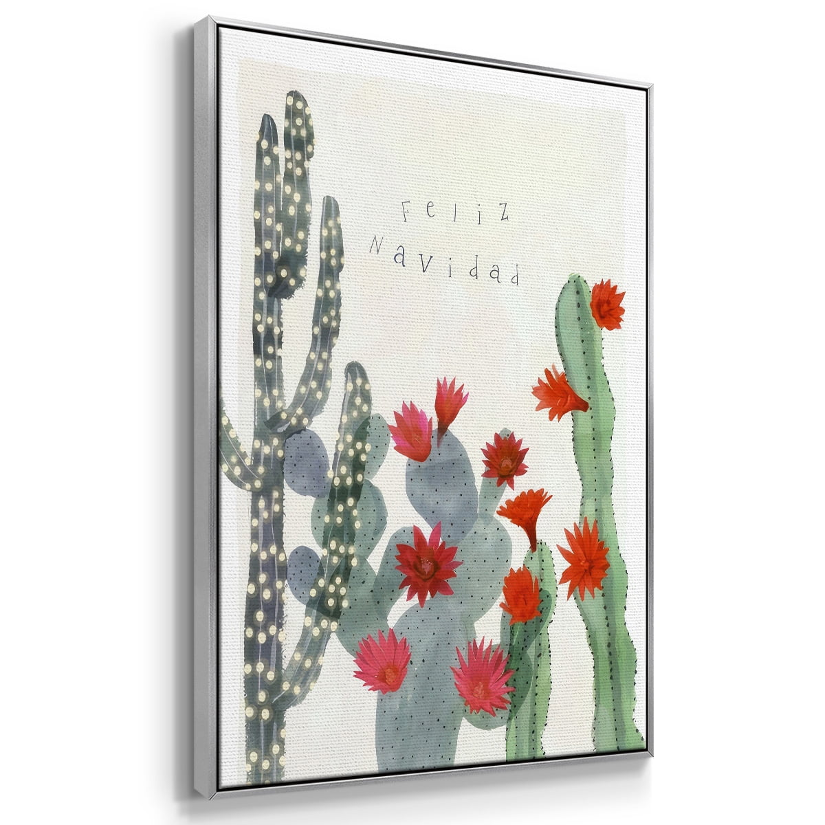 Desert Christmas Cactus II - Framed Gallery Wrapped Holiday Canvas - 27 x 41 - Silver Frame
