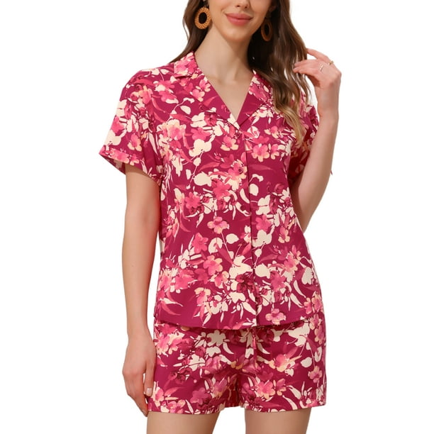 Conjuntos de Mujeres de Hawái de 2 Piezas, Camisa Floral de Botones y Pantalones Cortos, Ropa Casual de Vacaciones Tropicales en la Playa 2026 S Rosa Fucsia