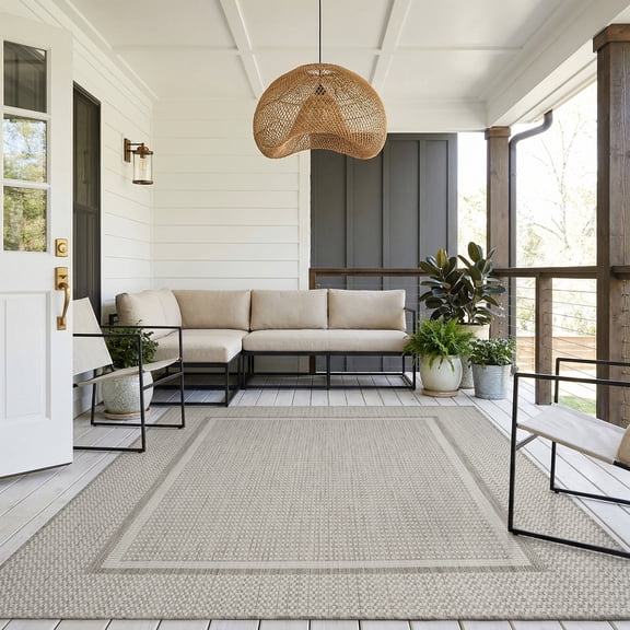 SIXHOME Outdoor Rugs 8'x10' Patio Rug Modern Bordered Indoor Outdoor Rugs Polypropylene Washable Non Shedding, Easy Clean, Waterproof, Durable Outdoor Carpet for Porch Balcony Deck Neutral Gray