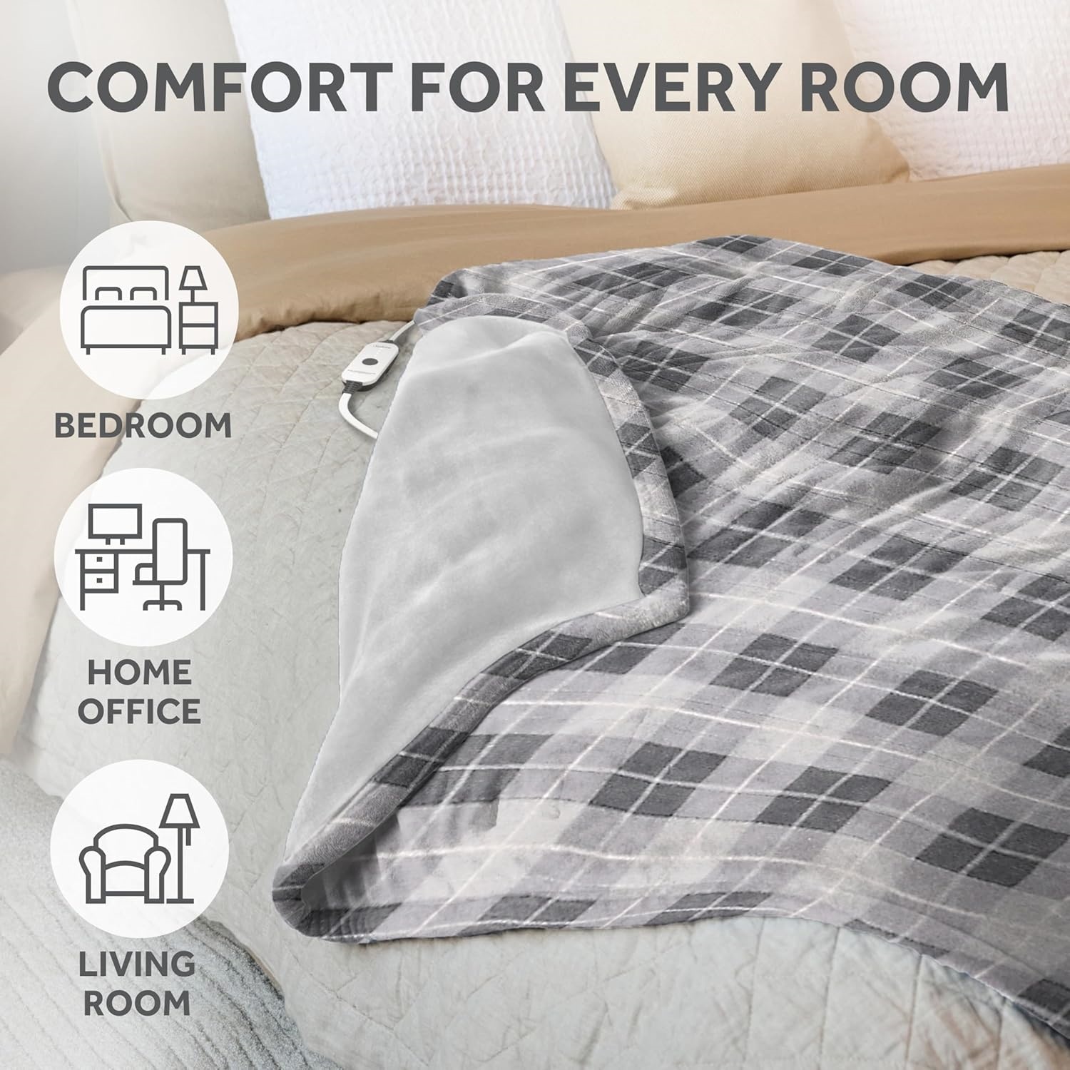 Heated Blanket, 4 Heat Settings, 4-Hour Auto Shut-Off, Fast Heating, Warm and Cozy, Grey Rodeen Plaid, 50" x 60"