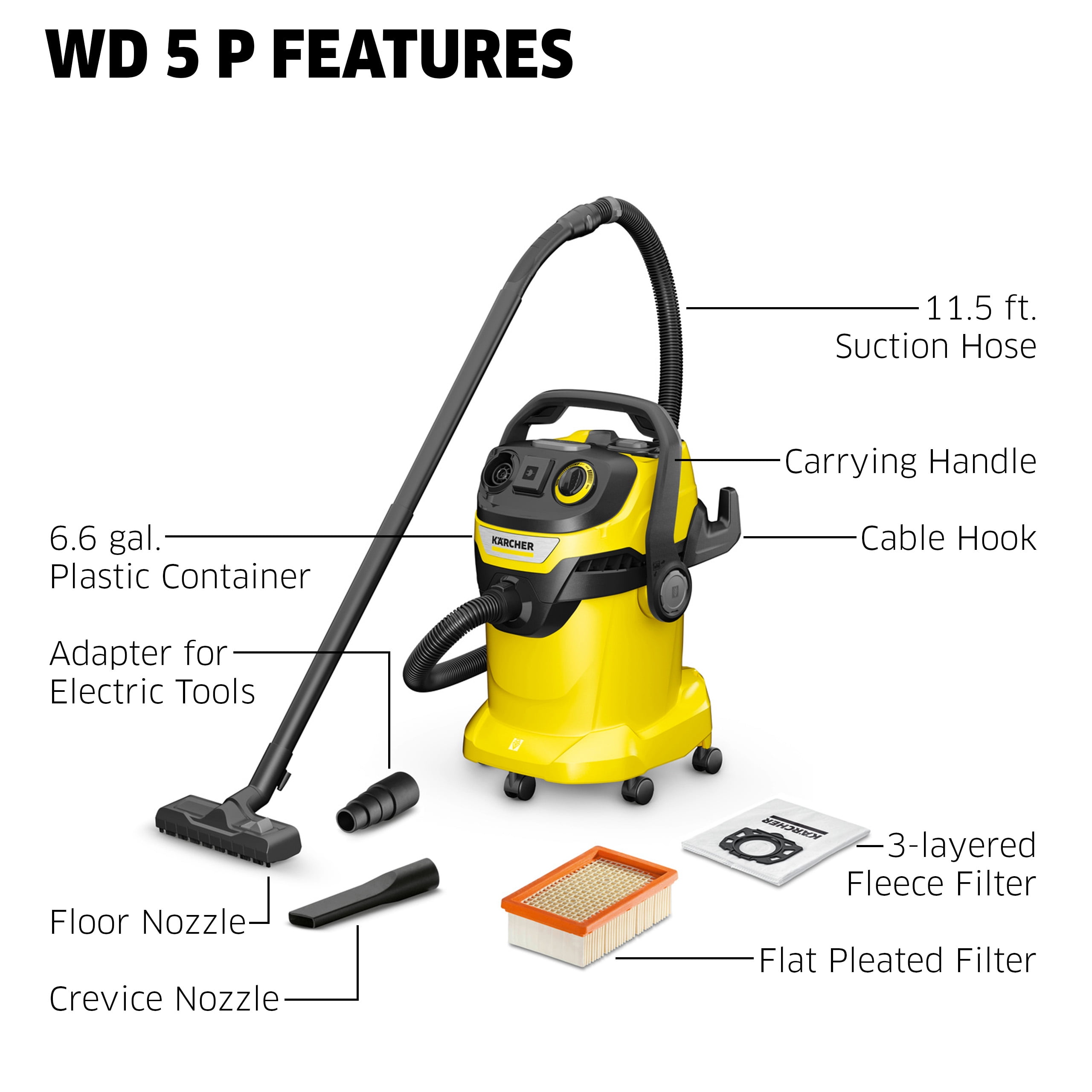 Karcher Shop Vacuum, WD 5/P, Wet and Dry Vac, Blower Feature, Power Tool Adapter, Heavy Duty - 6.3 Gallon