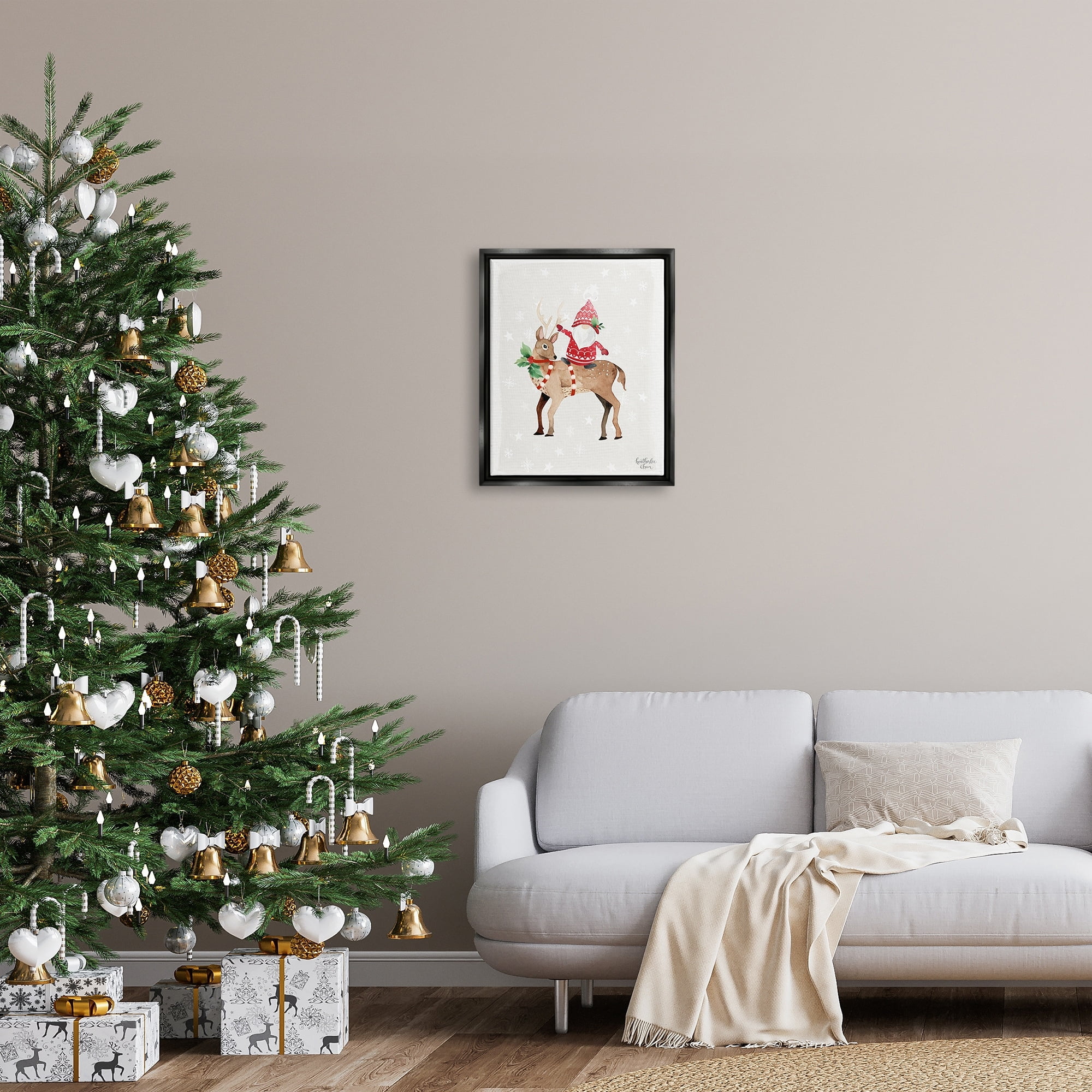 Stupell Industries Santa Claus Gnome Reindeer Holiday Patterned Stars Painting Jet Black Floating Framed Canvas Print Wall Art, Design by Heatherlee Chan