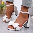 thumbnail image 5 of FRSASU Women's Heeled Sandals Black Bow Round Open Toe Buckle Chunky Block Heel Comfortable Wedding Dress Shoes White, 5 of 9
