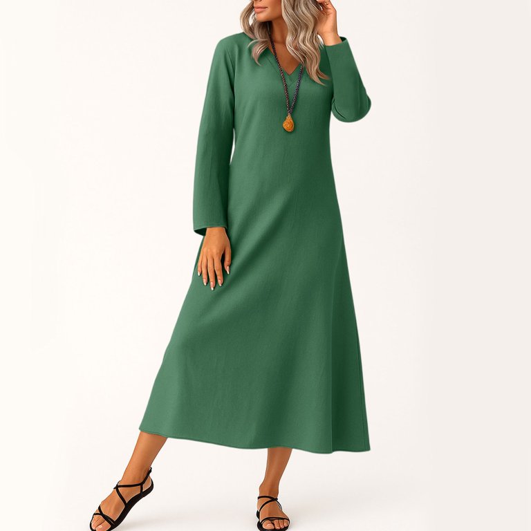 YDDIAN Semi formal Dresses for Women Loose Fit V-Neck Plus Size Maxi Dresses  Long Sleeve Fall Modest Active Midi Dress with Pockets Green S - Walmart.com