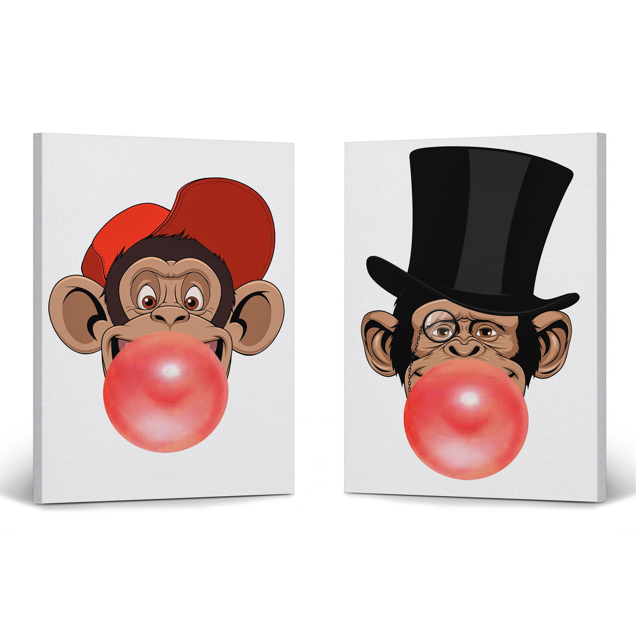 Smile Art Design Funny Monkeys Young and Senior Animal Bubble Gum Art 2  PANEL CANVAS PRINT SET Red Chewing Gum Wall Art Home Decor Living Room Kids  Room Nursery Ready to Hang