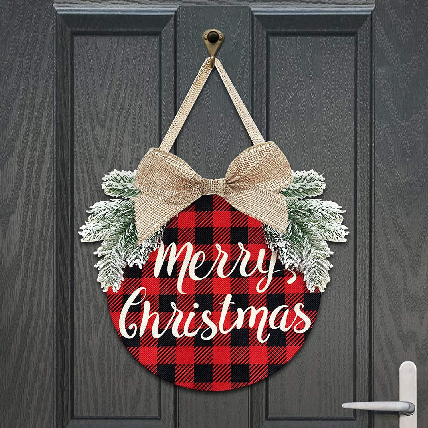 Merry Christmas Hanging Decorations Wreath Buffalo Plaid Hanging Sign Rustic Burlap Wooden Holiday Decor for Front Door Porch Home Window Wall Farmhouse Indoor Outdoor Decor