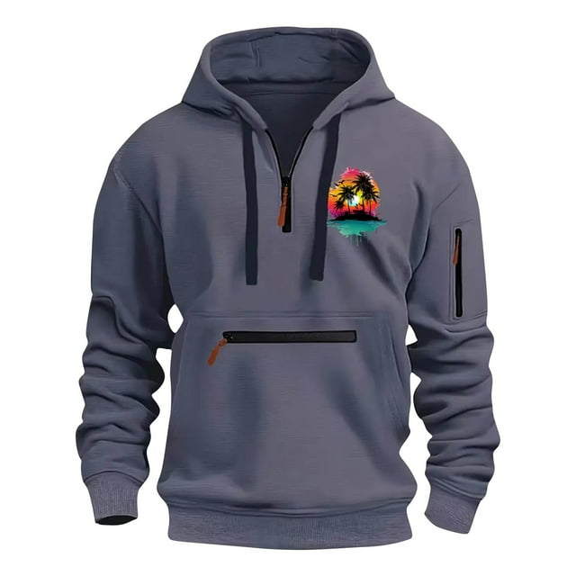 Styesk Sweatshirts for Men Men's Spring And Fall Printed Hooded Sweatshirt Zipper Multi-Pocket Pullover Sweatshirt
