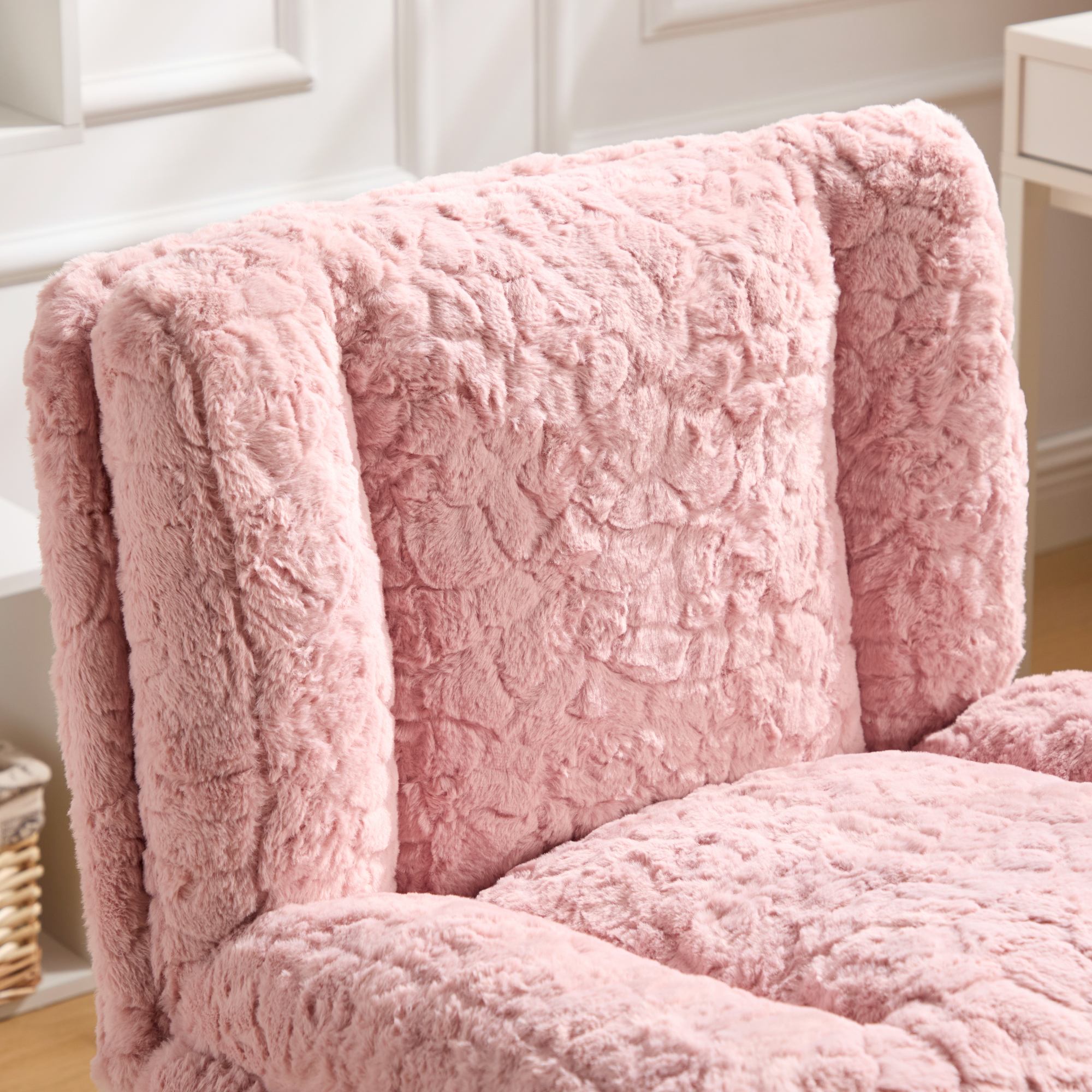 PAPROOS Vanity Chair with Back, 26.4" Wide Armless Home Office Chair with Artificial Rabbit Hair, Metal Base, Adjustable Swivel Ergonomic Desk Chair with Wheels, Computer Task Seating, Pink