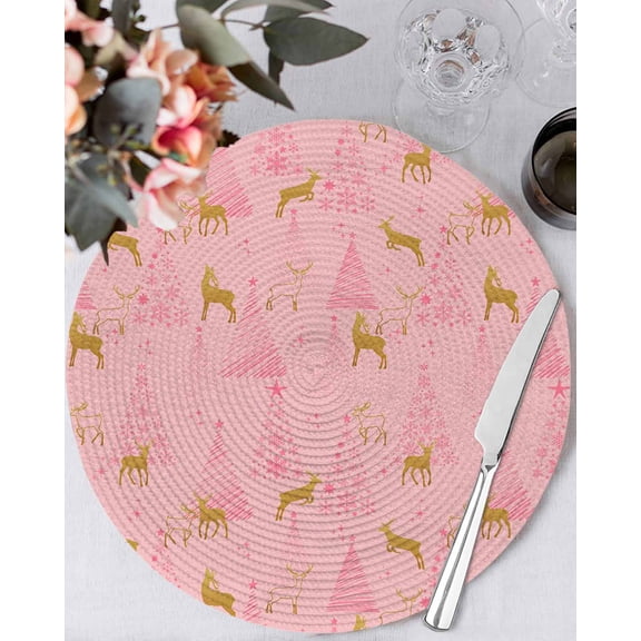 15 Inch Round Placemats Set of 4, Christmas Pink Non Slip Heat Insulation PP Table Mats, Yellow Reindeer Xmas Pine Trees Winter Washable Place Mats for Kitchen Dining Party Table Decor