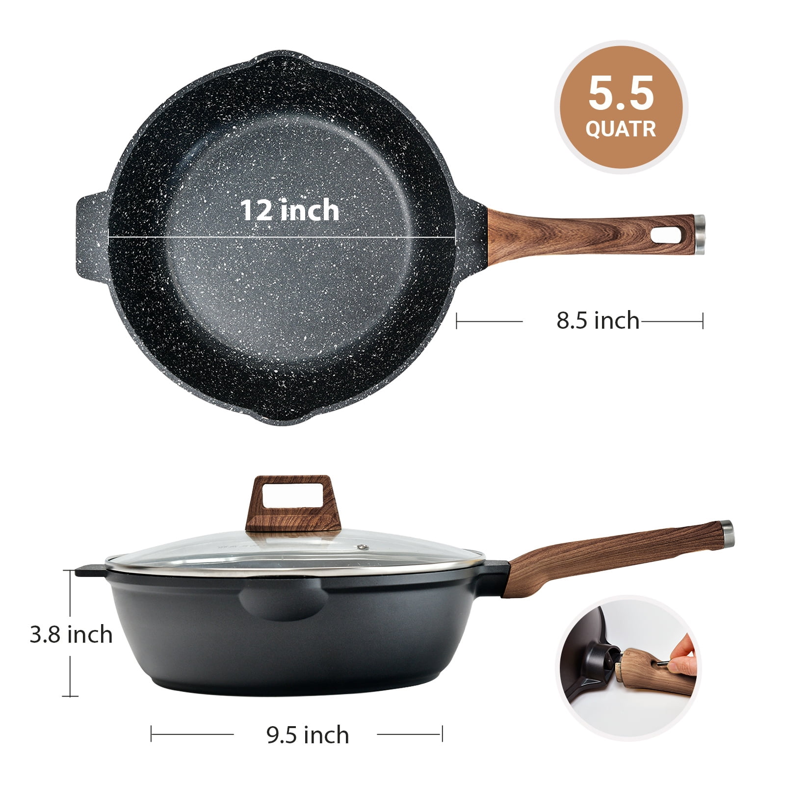 Deep Frying Pan Non stick with Lid, Clatine Nonstick Deep Skillet with Lid