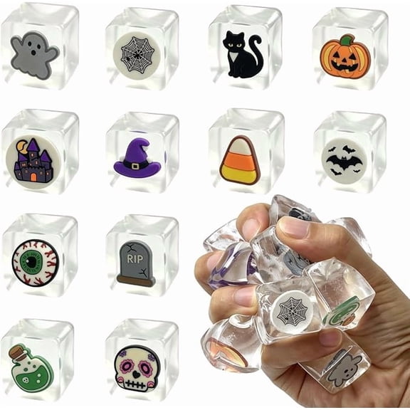 12pcs Halloween Squishy Cube Toys for Kids Halloween Party Favors, Stress Relief, Sensory Squeeze Toy, Halloween Trick or Treats Classroom Prizes Goodie Bag Fillers
