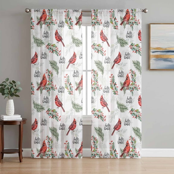 Cardinal Bird Sheer Curtains 72 Inch Length 2 Panels Set, Berry Holly Branches Winter Plants Voile Window Treatment Rod Pocket Curtains Sheers Drapes for Bedroom/Living Room/Kitchen 52"x72"x2