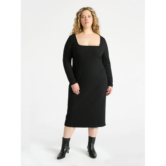 Terra & Sky Women’s Plus Ribbed Knit Midi Dress with Long Sleeves, Sizes 0X-4X