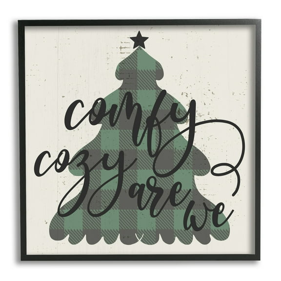Stupell Industries Comfy Cozy Are We Quote Plaid Christmas Tree Modern Painting Black framed Art Print Wall Art, 24 x 24, Design by Daphne Polselli