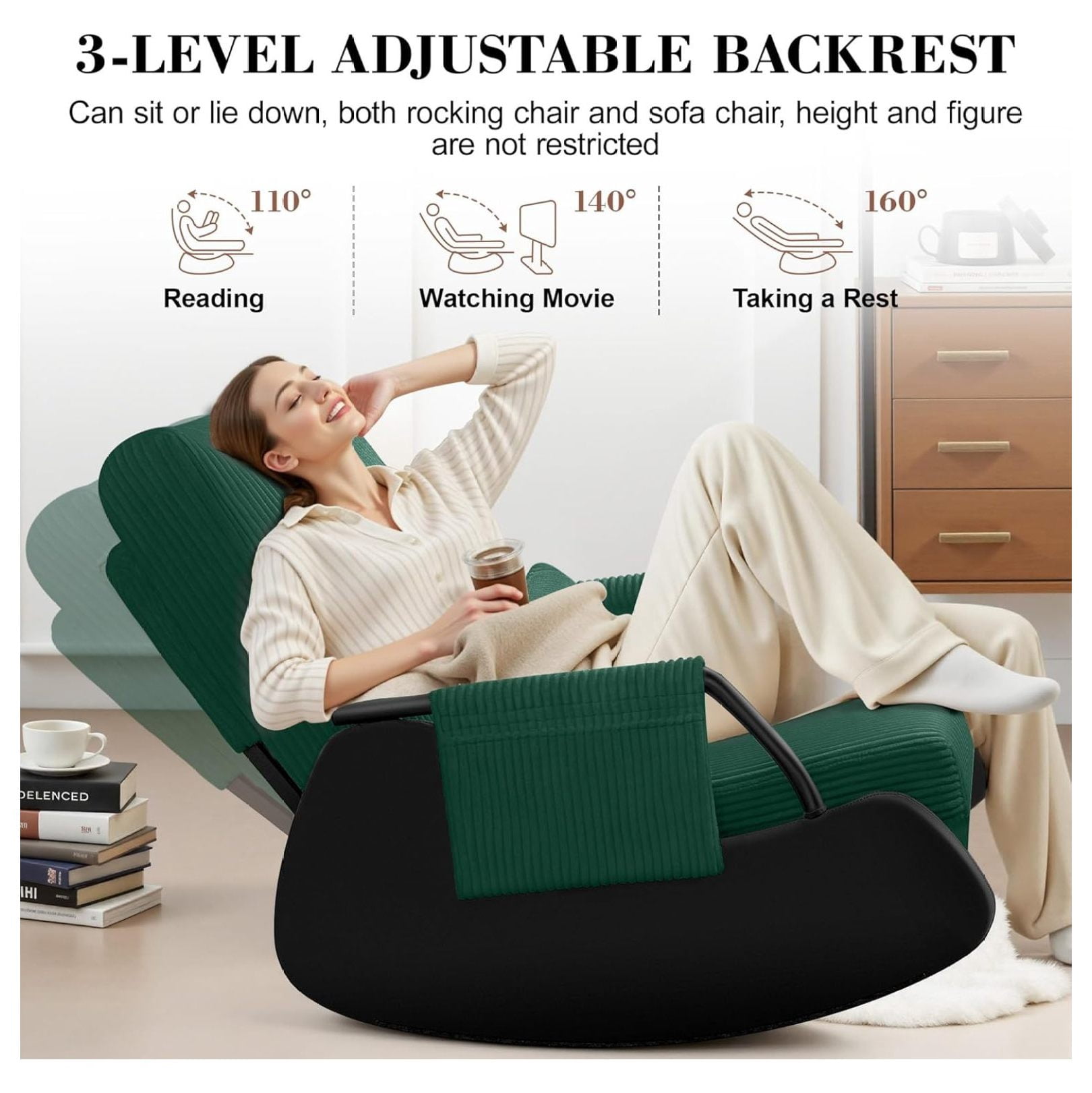 Rocking Chair , Low-Seat Glider Chair, Upholstered Rocking Chair with Side Pocket and Foot Rest, Comfortable Modern Accent Armchair Recliner for Mom Living Room Bedroom Green