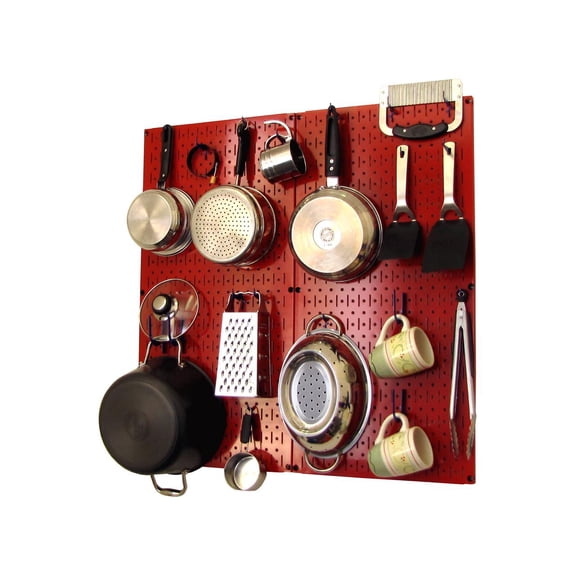 Wall Control Kitchen Pegboard Organizer Pots and Pans Pegboard Pack Storage and Organization Kit with Red Pegboard and Blue Accessories