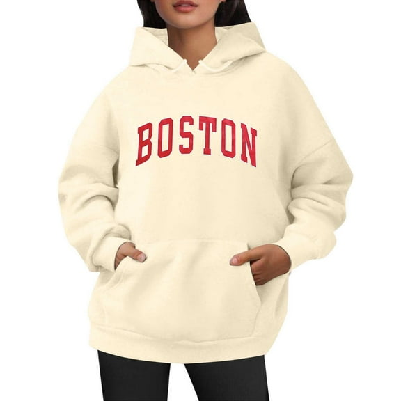Bibifish Hoodies For Women Boston City Letter Print Hoodies Long Sleeve Drawstring Hoodies Oversized Fleece Pockets Pullovers