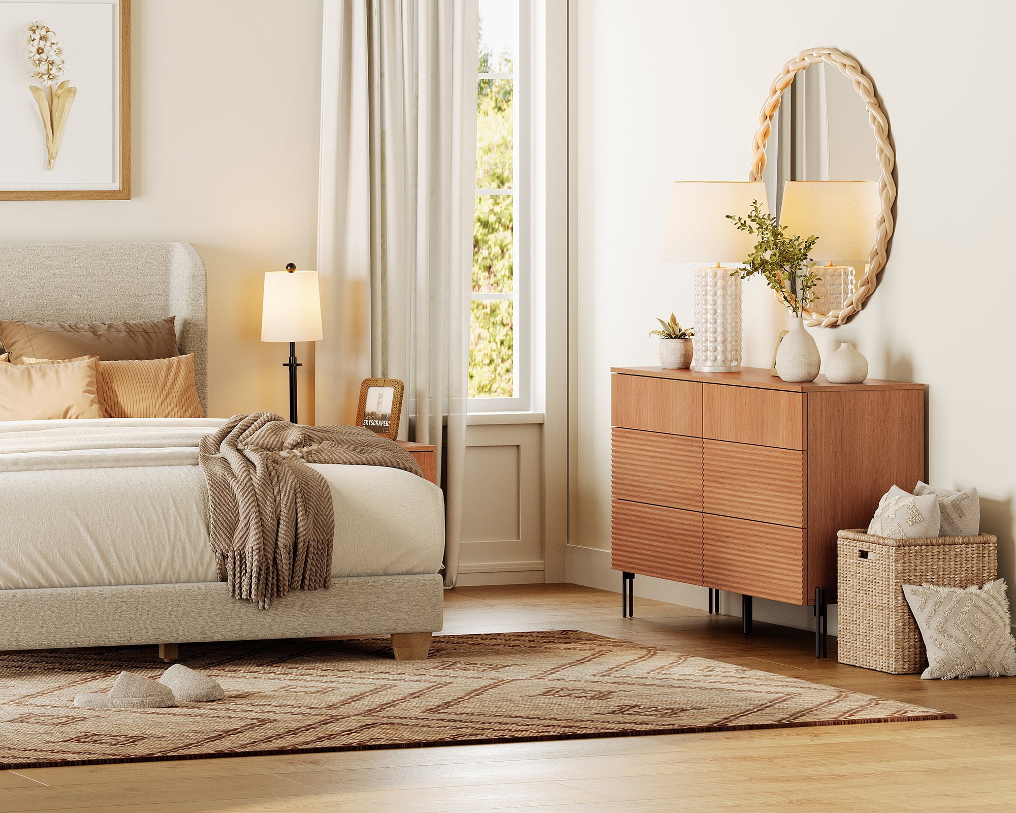 2 Pcs Bedroom Set, 6 Drawer Dresser And Nightstand Set with Minimalist Reeded Design, Oak Double Dresser With Hidden Handles